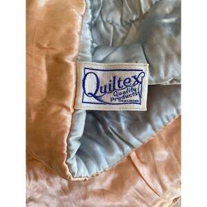 Vintage Rare MCM 1960s Quiltex Baby Blanket 32x44 Satin Blue Peach Floral Quilt
